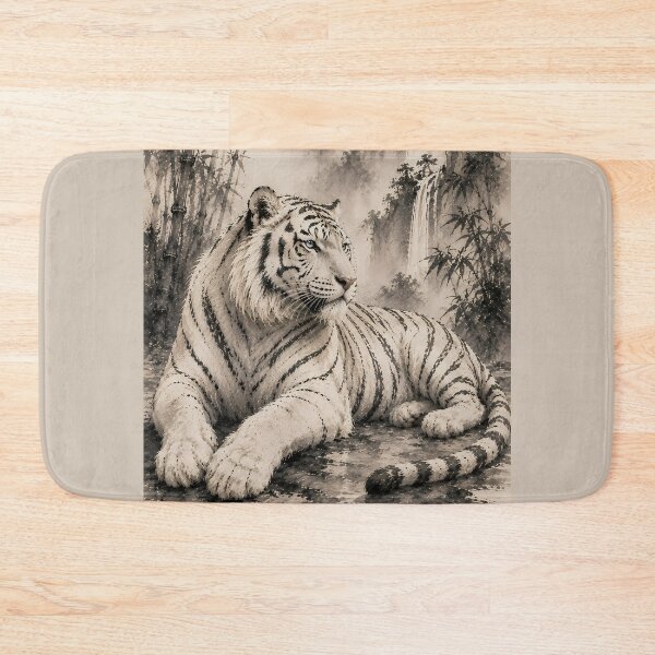 Item preview, Majestic White Tiger in Misty Bamboo Forest | Traditional Ink Wildlife Art designed and sold by ManJiangHong.