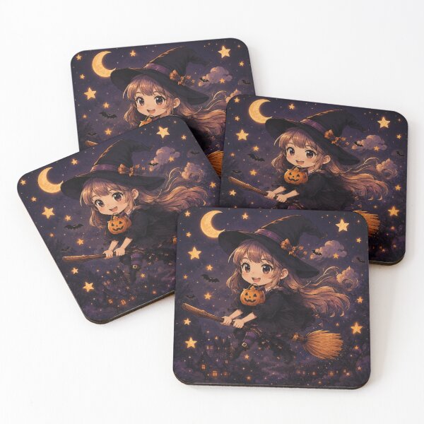 Item preview, Cute Halloween Witch Girl Flying on a Broom Under Moonlight designed and sold by Soluna Studio.