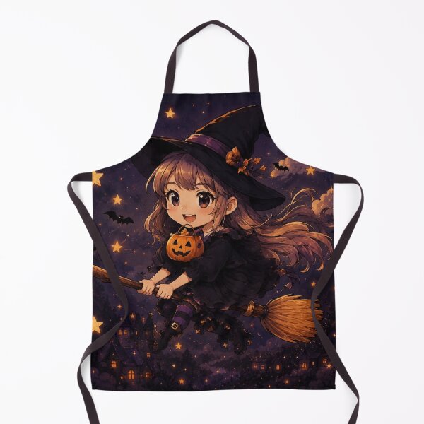 Item preview, Cute Halloween Witch Girl Flying on a Broom Under Moonlight designed and sold by Soluna Studio.