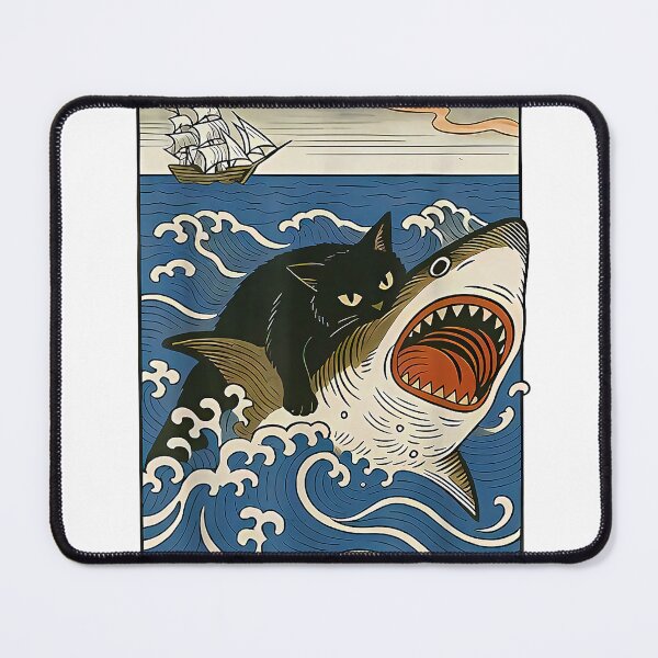 Item preview, Black Cat Hunting Shark Ukiyo-e Ocean Art Japanese Style Graphic Tee T-Shirt designed and sold by kevincuellar.