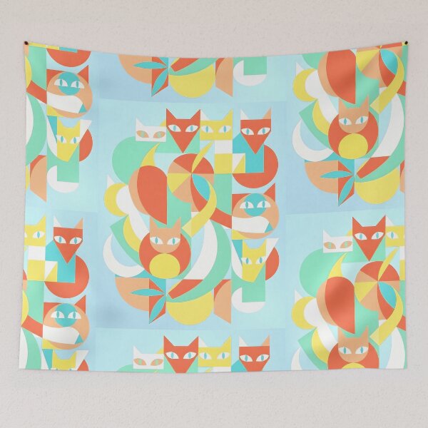 Item preview, Abstract Geometric Cat Art Print | Pastel Mid Century Concrete Feline Poster | Colorful Modernist Animal Canvas designed and sold by SergioMiklos.