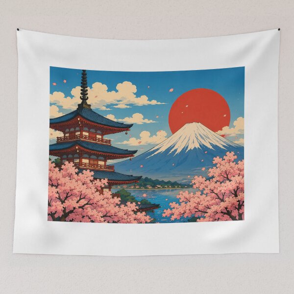 Item preview, Retro Japan: Mt. Fuji, Pagoda, and Cherry Blossoms designed and sold by キンタロウ インク.