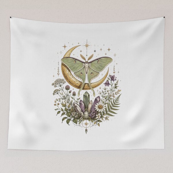 Item preview, Vintage Luna Moth With Crystal Cluster and Crescent Moon Illustration designed and sold by Bhinfy.