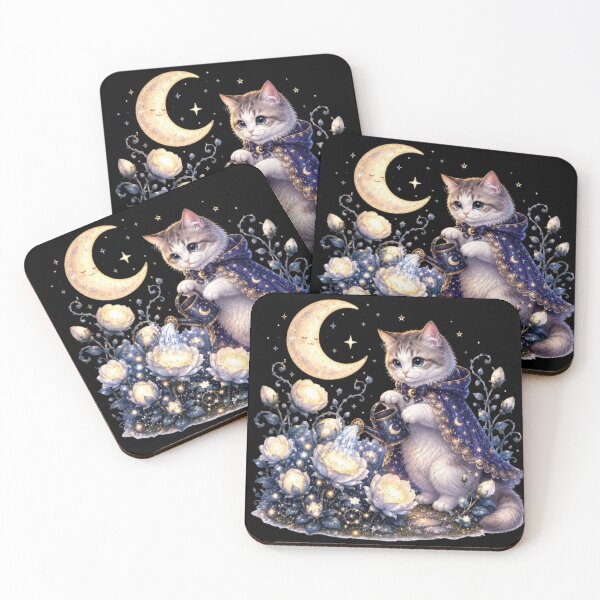 Item preview, Wizard Kitten Watering Moonlight Garden designed and sold by Luna's World - Moody Vibes Studio.