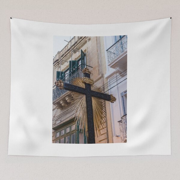 Item preview, Religious Cross With Golden Rays and Kneeling Angel Statues in Narrow Maltese Street Procession designed and sold by Nmallia.