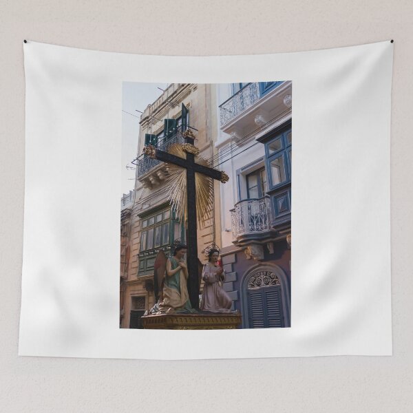 Item preview, Religious Cross With Golden Rays and Kneeling Angel Statues in Narrow Maltese Street Procession designed and sold by Nmallia.