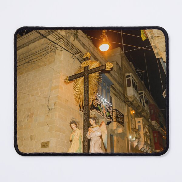 Item preview, Religious Cross With Golden Rays and Kneeling Angel Statues in Narrow Maltese Street Procession designed and sold by Nmallia.