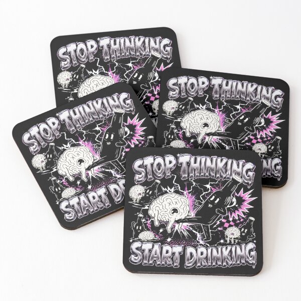 Item preview, Stop Thinking Start Drinking Funny Retro Cartoon Bottle And Brain designed and sold by Vermanartist.