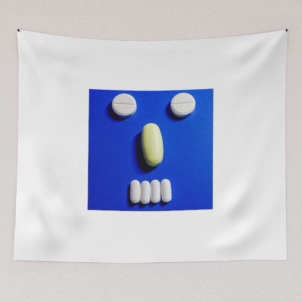 Item preview, Creative Medicine Face Made From Pills On Blue Background Representing Health Concept And Medication Emotion designed and sold by Nmallia.