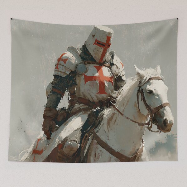 Item preview, Crusader Knight Templar on White Horse Medieval Castle Illustration designed and sold by GrinGalore.