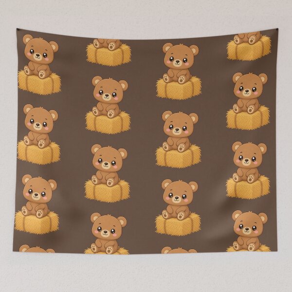 Item preview, Cute Bear Sitting On Hay Bale Kawaii Illustration designed and sold by Seculinator.
