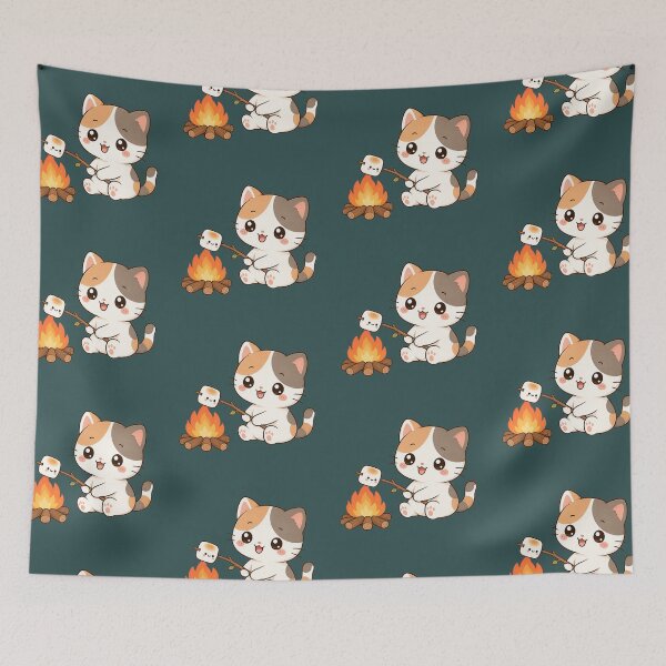 Item preview, Cute Cat Roasting Marshmallow Campfire Kawaii Cozy Illustration designed and sold by Seculinator.