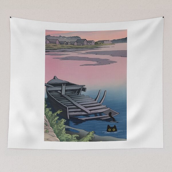 Item preview, Kawase Hasui Artist -  A cat in the evening glow at Dodoki,  designed and sold by PurrfectHome.