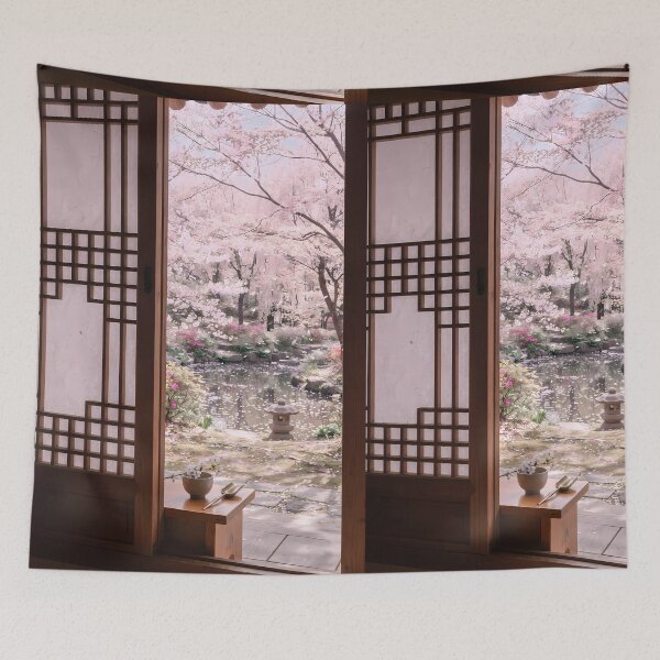 Item preview, Korean Spring Hanok View with Cherry Blossoms designed and sold by SOOstudio73.