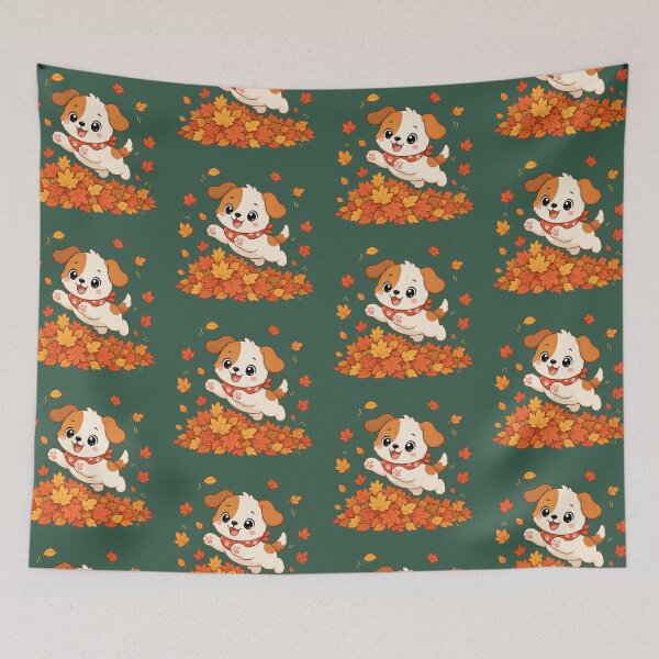 Item preview, Cute Puppy Playing Autumn Leaves Kawaii Fall Illustration designed and sold by Seculinator.