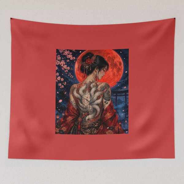 Item preview, Kitsune Goddess under the Blood Moon - Tattooed Japanese Woman in Red Kimono designed and sold by Natalia-Vlad.