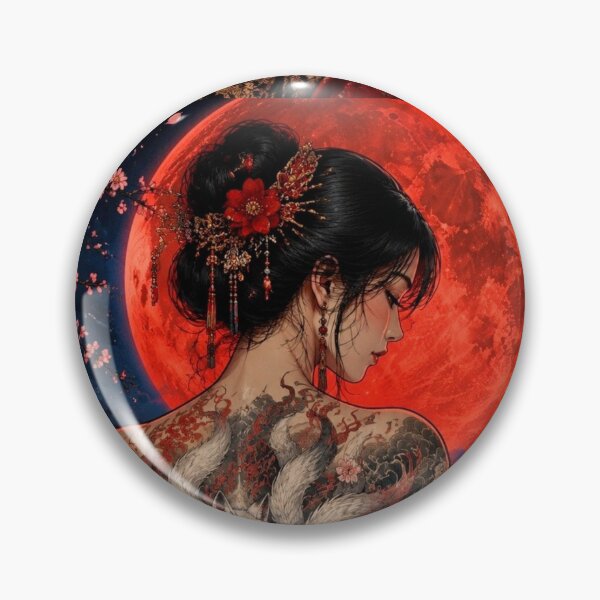 Item preview, Kitsune Goddess under the Blood Moon - Tattooed Japanese Woman in Red Kimono designed and sold by Natalia-Vlad.