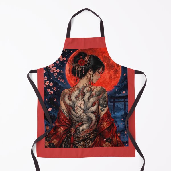 Item preview, Kitsune Goddess under the Blood Moon - Tattooed Japanese Woman in Red Kimono designed and sold by Natalia-Vlad.