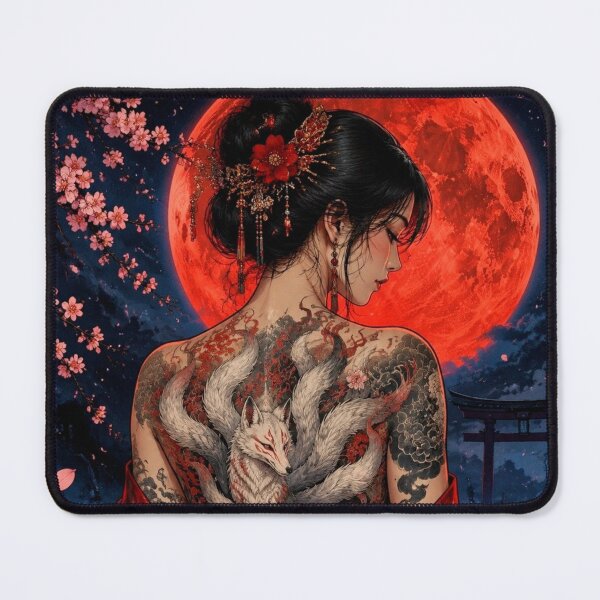 Item preview, Kitsune Goddess under the Blood Moon - Tattooed Japanese Woman in Red Kimono designed and sold by Natalia-Vlad.