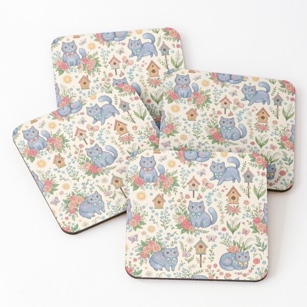 Item preview, Cute Blue Cats in Floral Garden Pattern designed and sold by Iampoji.