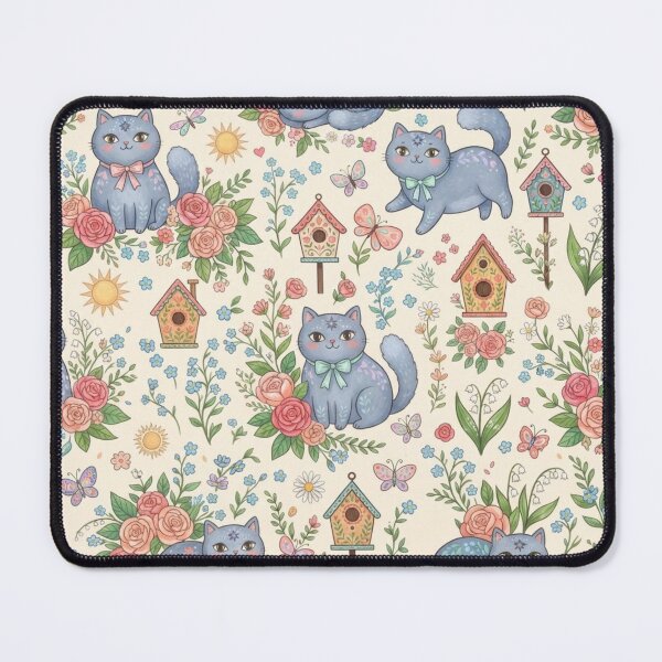Item preview, Cute Blue Cats in Floral Garden Pattern designed and sold by Iampoji.