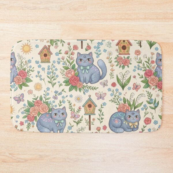 Item preview, Cute Blue Cats in Floral Garden Pattern designed and sold by Iampoji.
