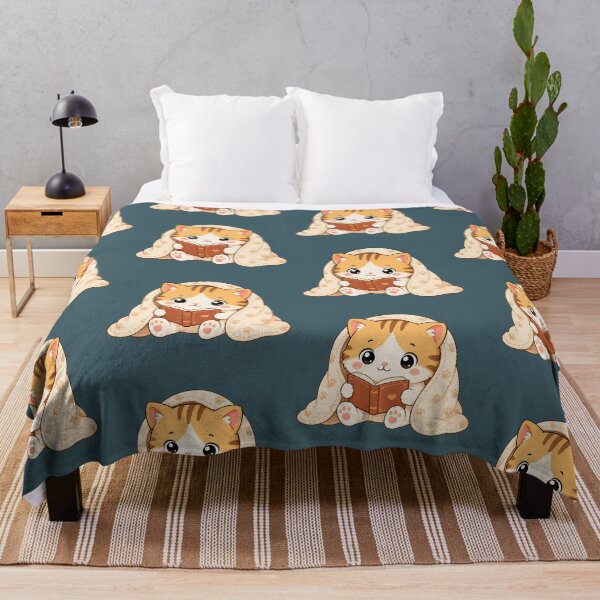 Item preview, Cute Cat Reading Book Cozy Blanket Kawaii Illustration designed and sold by Seculinator.