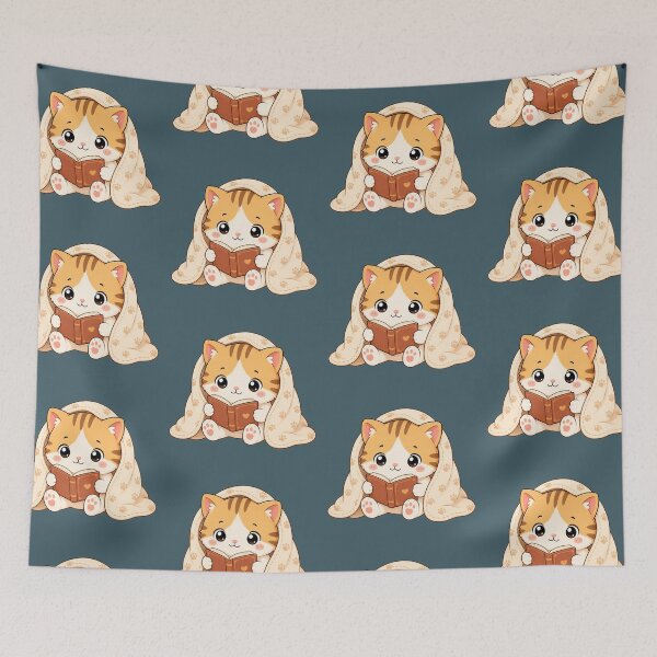Item preview, Cute Cat Reading Book Cozy Blanket Kawaii Illustration designed and sold by Seculinator.