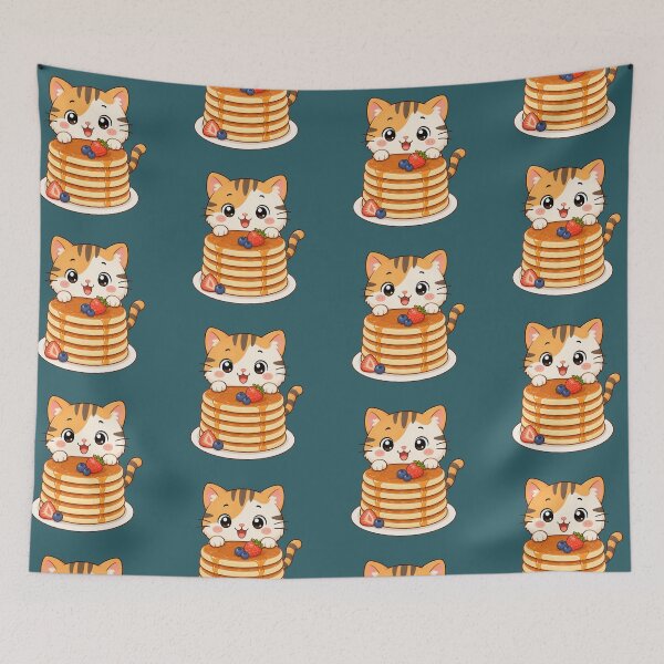 Item preview, Cute Cat With Pancakes Kawaii Breakfast Food Illustration designed and sold by Seculinator.