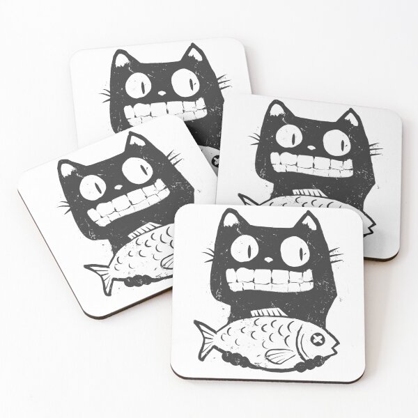 Item preview, Black Cat with Fish designed and sold by Cute & Funny Hand-Drawn Prints | Happy Doodle Friends Shop.