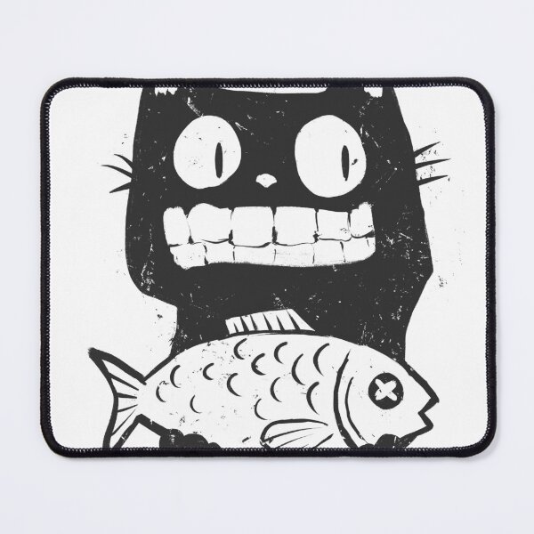 Item preview, Black Cat with Fish designed and sold by Cute & Funny Hand-Drawn Prints | Happy Doodle Friends Shop.