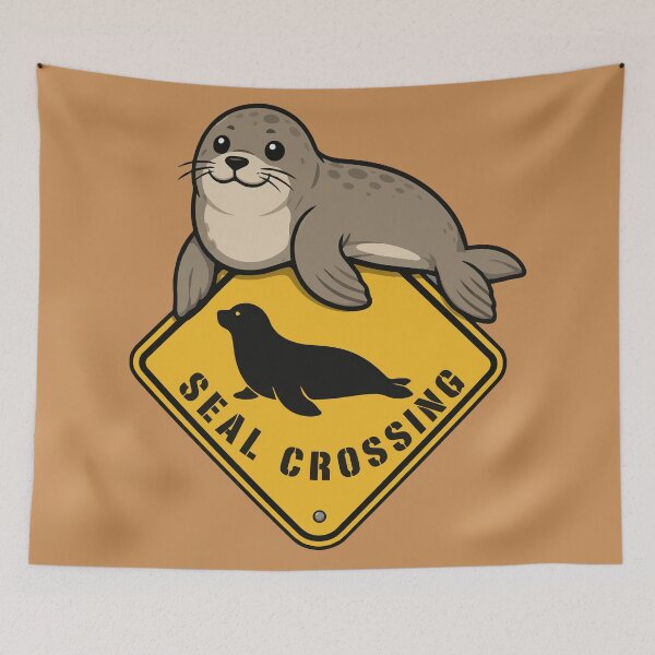 Item preview, Cute Harbor Seal Crossing Yellow Road Sign Vector Art designed and sold by AbderraimArt.