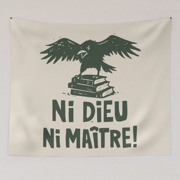 Aperçu de l'œuvre Ni Dieu ni Maître ! Linogravure Corbeau créée et vendue par Riot-And-Hope.