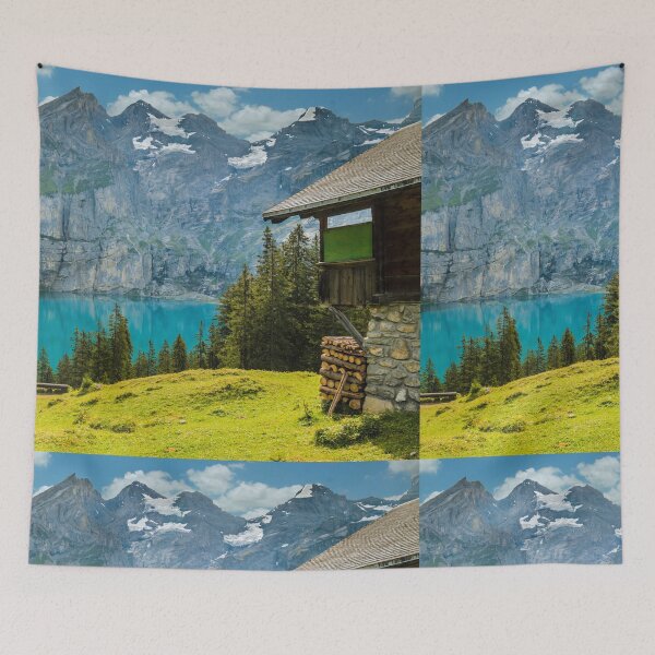 Item preview, Alpine Lake Mountain Hut Print | Swiss Alps Wall Art | Mountain Cabin Poster designed and sold by DigitalChickHub.
