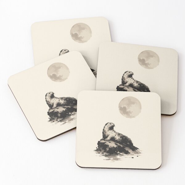 Item preview, Harbor Seal Moon Rock Sumi-e Ink Wash Painting designed and sold by AbderraimArt.