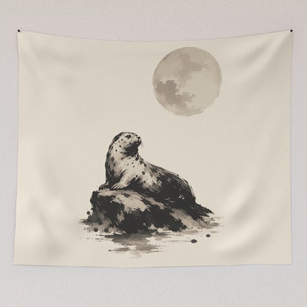 Item preview, Harbor Seal Moon Rock Sumi-e Ink Wash Painting designed and sold by AbderraimArt.