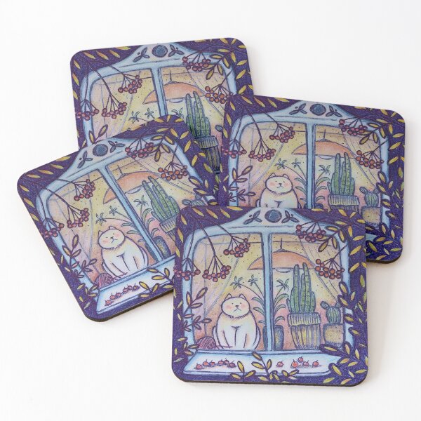 Item preview, A cat in a window surrounded by rowan berries designed and sold by ce-horvath.