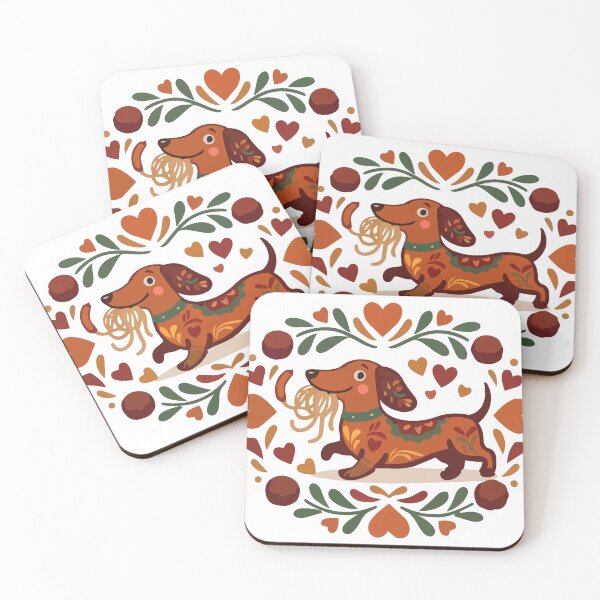 Item preview, Folk Sausage Dog: Adorable Wiener Dog with Spaghetti and Hearts designed and sold by KMKDesignStudio.