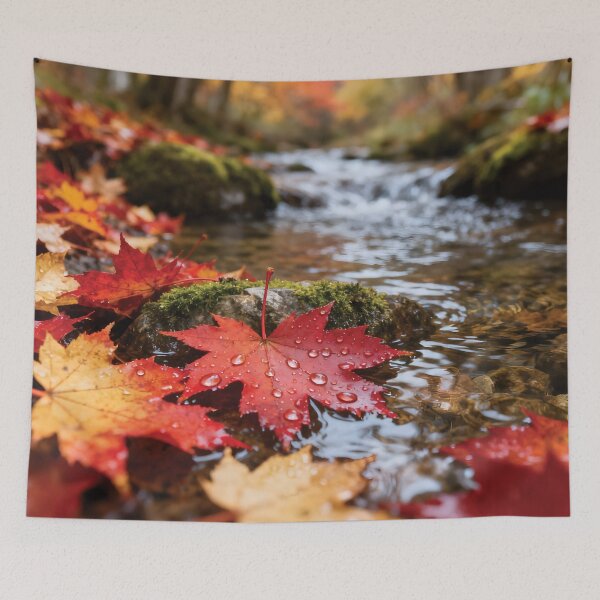 Item preview, Vibrant Autumn Maple Leaves by Flowing Stream - Fall Foliage Nature Photography Art designed and sold by Dezinix.
