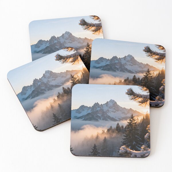 Item preview, Majestic Snow-Capped Mountain Peaks at Sunset with Sparkling Snow and Pine Trees |  designed and sold by Dezinix.