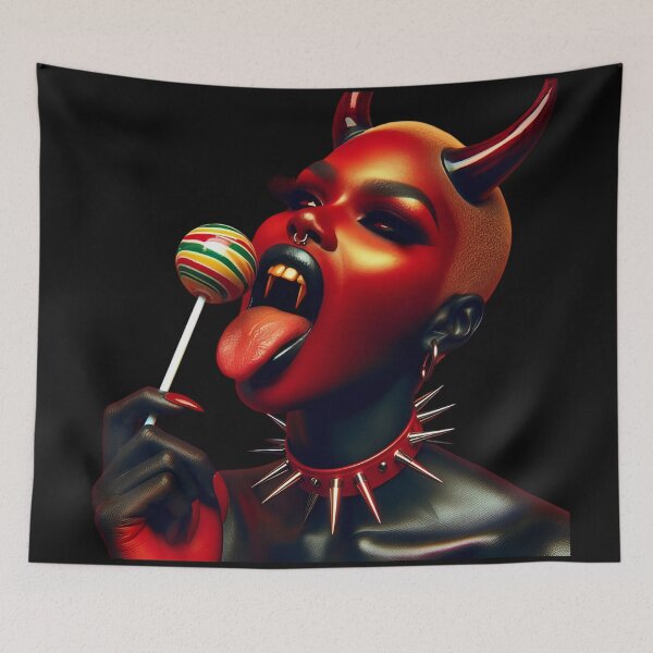 Aperçu de l'œuvre Démon rouge tenant des bonbons multicolores créée et vendue par Voodoo Store Paranormal Collections.