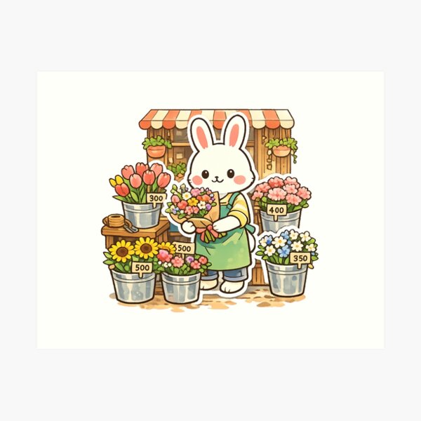 Item preview, Cute Bunny Flower Shop Sticker – Retro Japanese Florist Kawaii Anime Design designed and sold by kawaii animal store (in Japan).