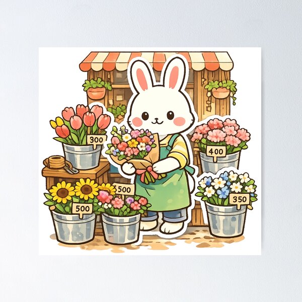 Item preview, Cute Bunny Flower Shop Sticker – Retro Japanese Florist Kawaii Anime Design designed and sold by kawaii animal store (in Japan).