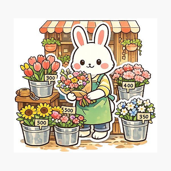 Item preview, Cute Bunny Flower Shop Sticker – Retro Japanese Florist Kawaii Anime Design designed and sold by kawaii animal store (in Japan).
