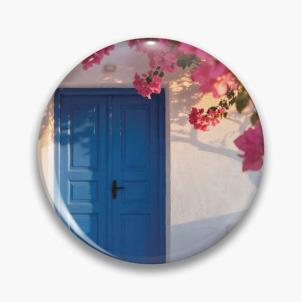 Item preview, Vibrant Pink Bougainvillea Flowers Framing a Blue Mediterranean Door on a White Wall designed and sold by Dezinix.