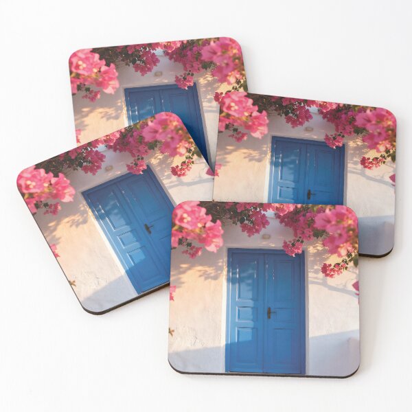 Item preview, Vibrant Pink Bougainvillea Flowers Framing a Blue Mediterranean Door on a White Wall designed and sold by Ideeplyfeltit.