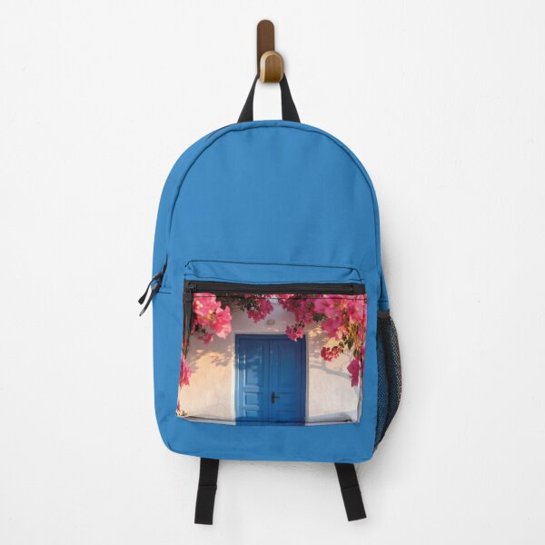 Item preview, Vibrant Pink Bougainvillea Flowers Framing a Blue Mediterranean Door on a White Wall designed and sold by Ideeplyfeltit.