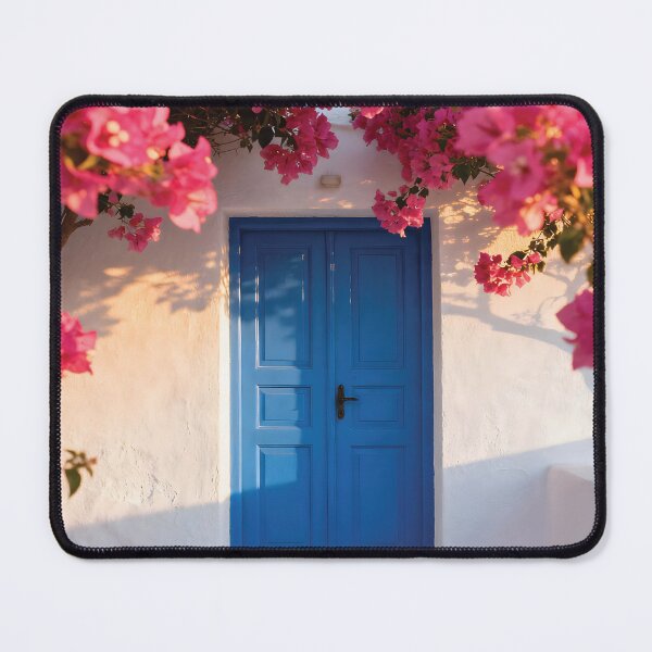 Item preview, Vibrant Pink Bougainvillea Flowers Framing a Blue Mediterranean Door on a White Wall designed and sold by Dezinix.