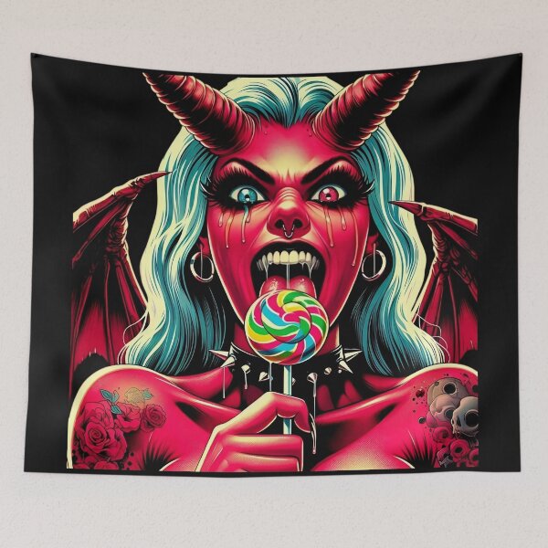Aperçu de l'œuvre Fille démoniaque aux couleurs vives avec une sucette créée et vendue par Voodoo Store Paranormal Collections.