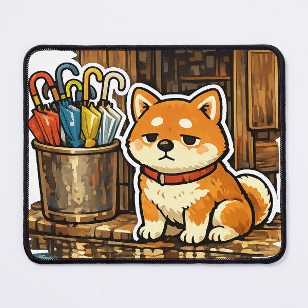 Item preview, Sleepy Shiba Inu at a Retro Japanese Shop Entrance – Nostalgic Rainy Day Kawaii Sticker designed and sold by kawaii animal store (in Japan).
